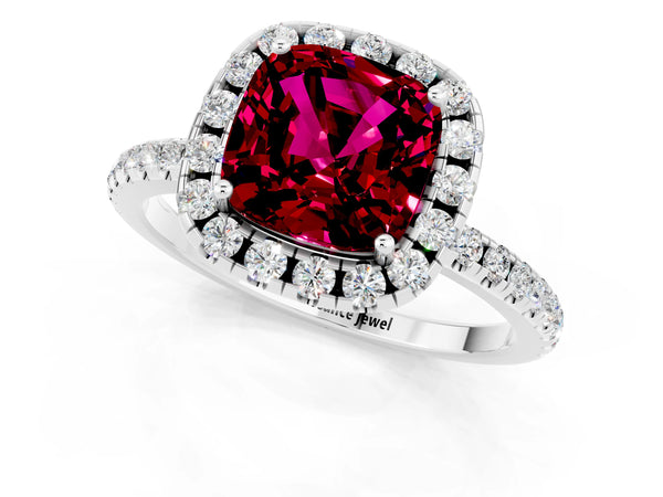 White gold Cushion Cut Garnet Halo Ring with Round Pavé Band and Prong Setting