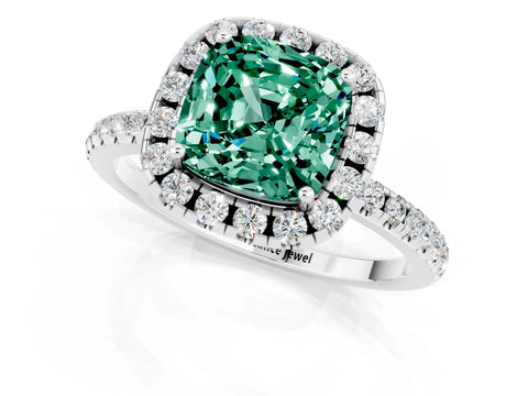 White gold Cushion Cut Halo Round Diamond Pavé Band Four-Prong Ring_13