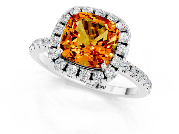 Silver Cushion Cut Citrine Halo Ring with Round Pavé Band and Prong Setting