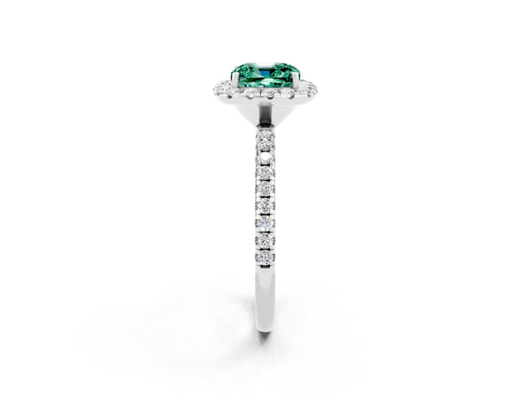 Silver Cushion Cut Green Sapphire Halo Ring with Round Pavé Band and Prong Setting