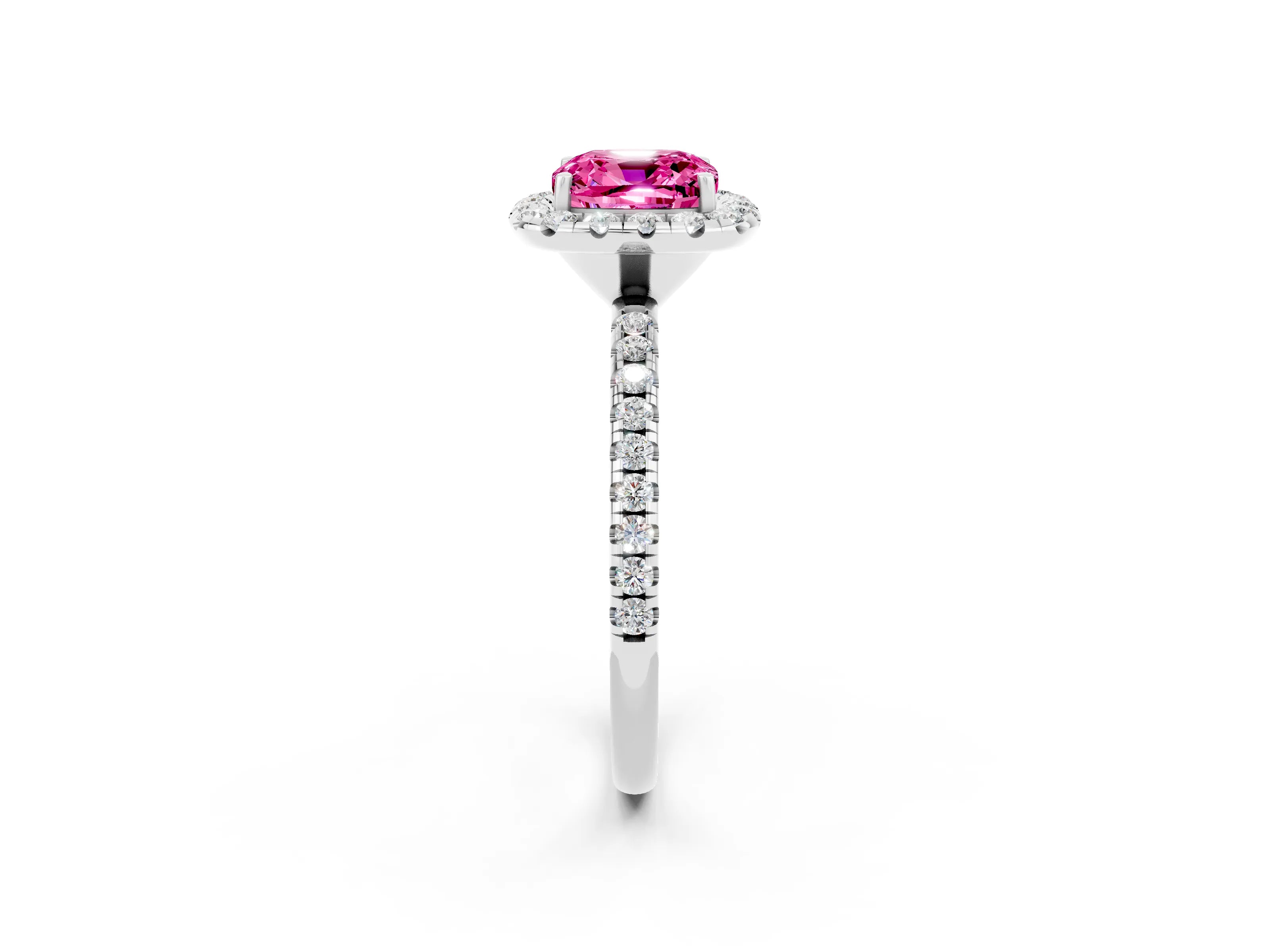 White gold Cushion Cut Halo Round Diamond Pavé Band Four-Prong Ring_14