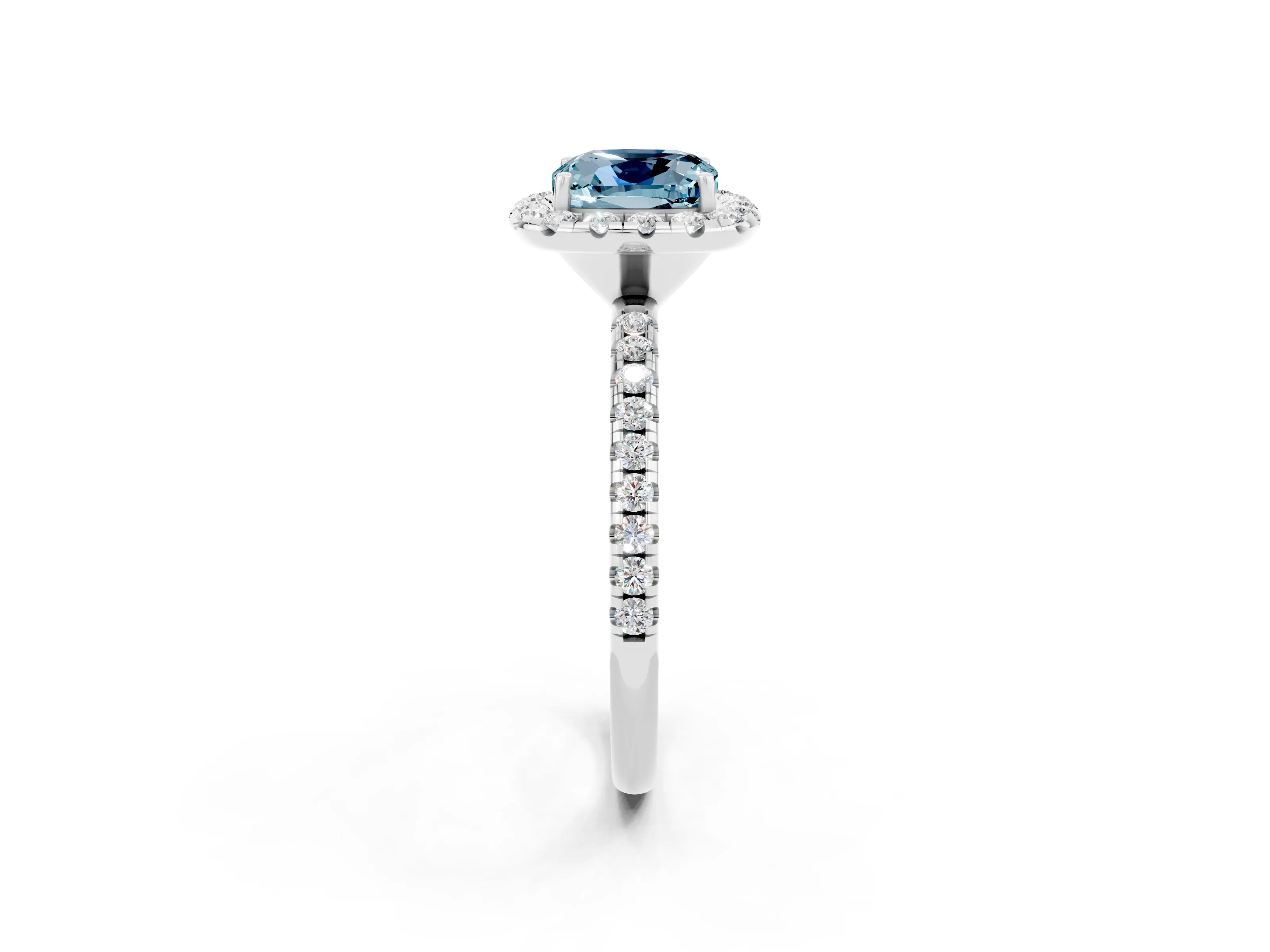 White gold Cushion Cut Halo Round Diamond Pavé Band Four-Prong Ring_14