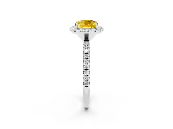 Silver Cushion Cut Yellow Sapphire Halo Ring with Round Pavé Band and Prong Setting
