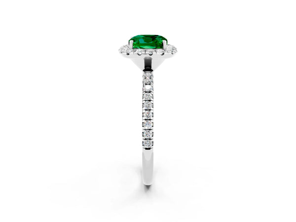 White gold Cushion Cut Emerald Halo Ring with Round Pavé Band and Prong Setting