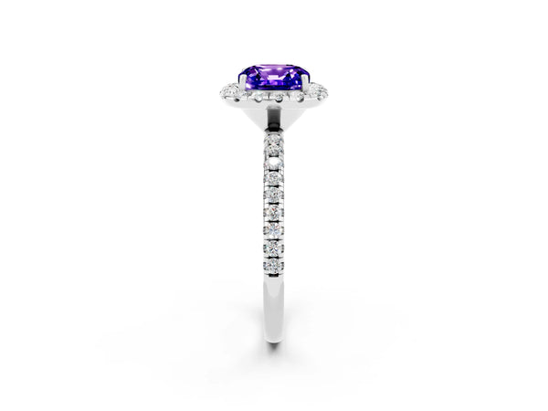 White gold Cushion Cut Tanzanite Halo Ring with Round Pavé Band and Prong Setting