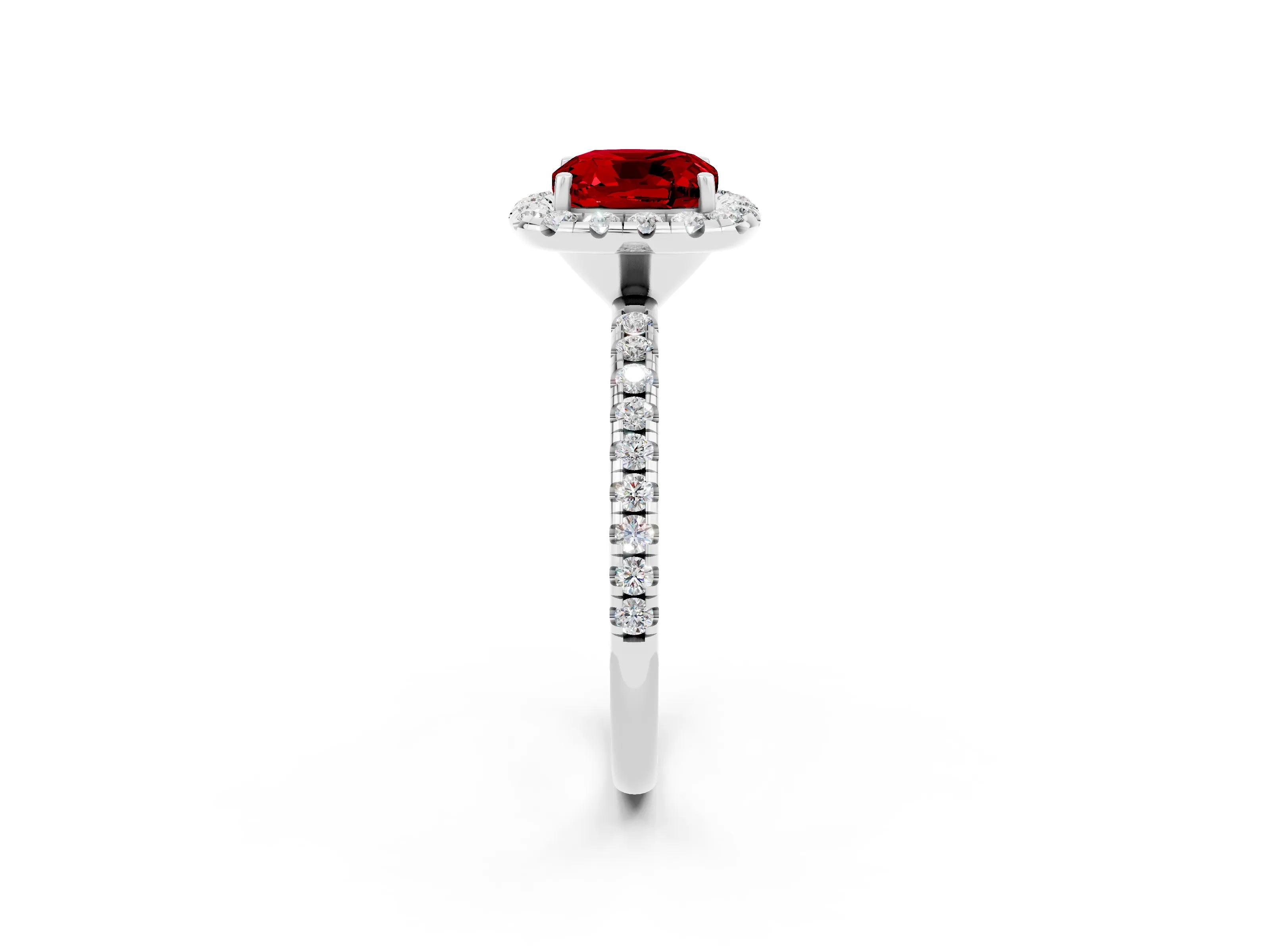 White gold Cushion Cut Halo Round Diamond Pavé Band Four-Prong Ring_14