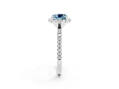 White gold Cushion Cut Halo Round Diamond Pavé Band Four-Prong Ring_14
