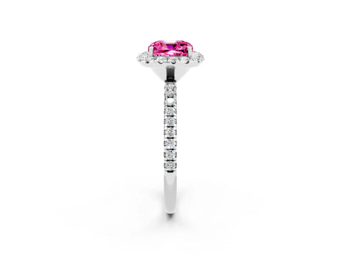 White gold Cushion Cut Halo Round Diamond Pavé Band Four-Prong Ring_14