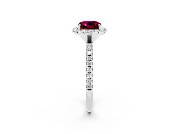 Silver Cushion Cut Garnet Halo Ring with Round Pavé Band and Prong Setting