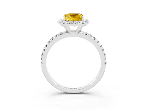 Platinum Cushion Cut Yellow Sapphire Halo Ring with Round Pavé Band and Prong Setting