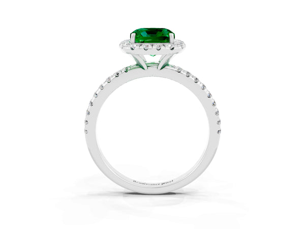 Platinum Cushion Cut Emerald Halo Ring with Round Pavé Band and Prong Setting
