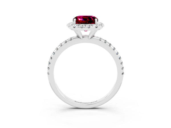 Platinum Cushion Cut Garnet Halo Ring with Round Pavé Band and Prong Setting
