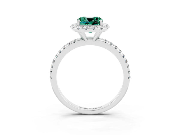 Platinum Cushion Cut Green Sapphire Halo Ring with Round Pavé Band and Prong Setting
