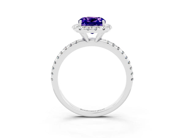 White gold Cushion Cut Tanzanite Halo Ring with Round Pavé Band and Prong Setting