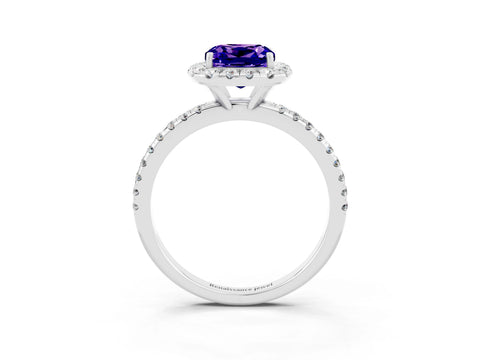 White gold Cushion Cut Halo Round Diamond Pavé Band Four-Prong Ring_15