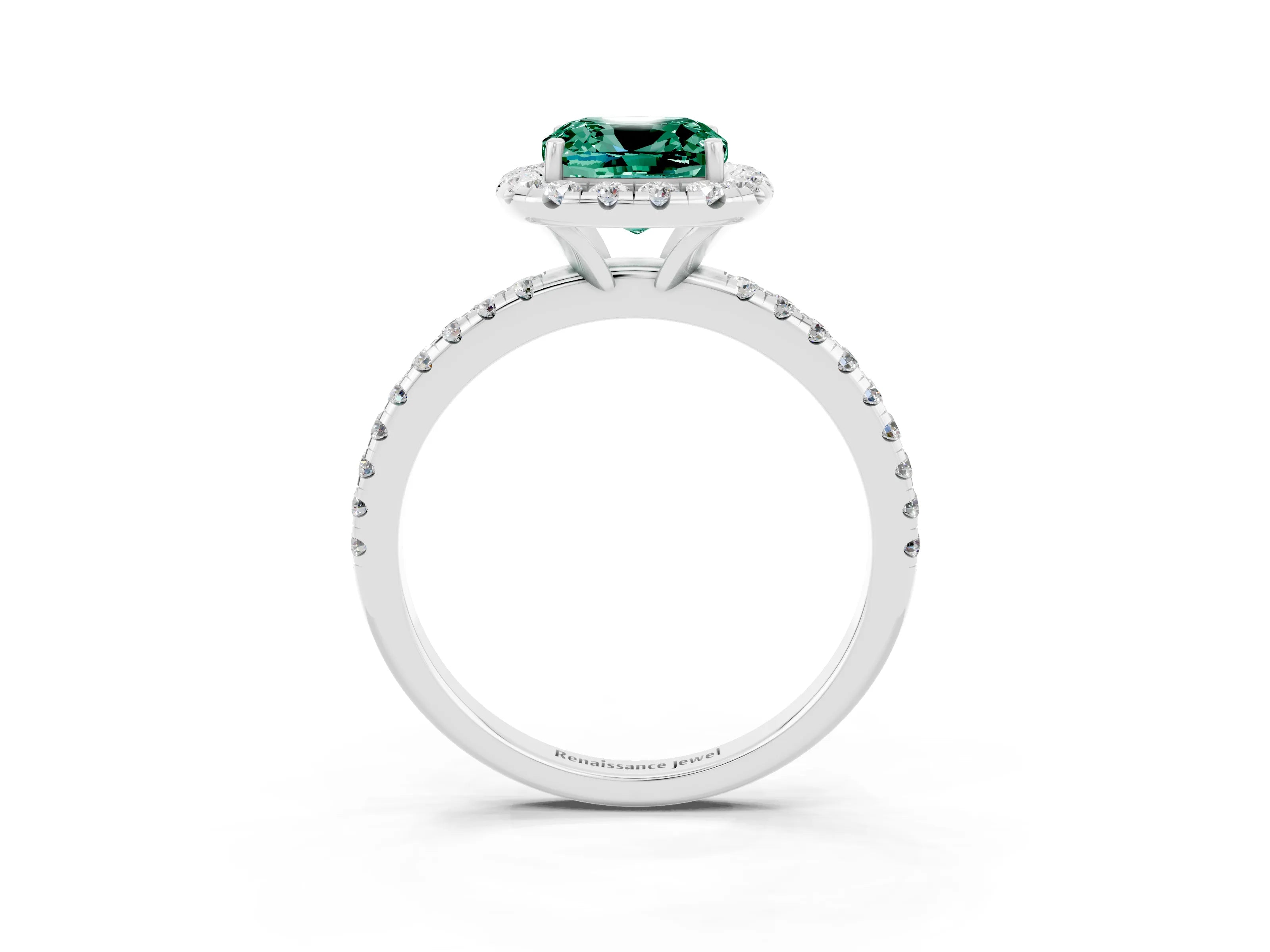 White gold Cushion Cut Halo Round Diamond Pavé Band Four-Prong Ring_15