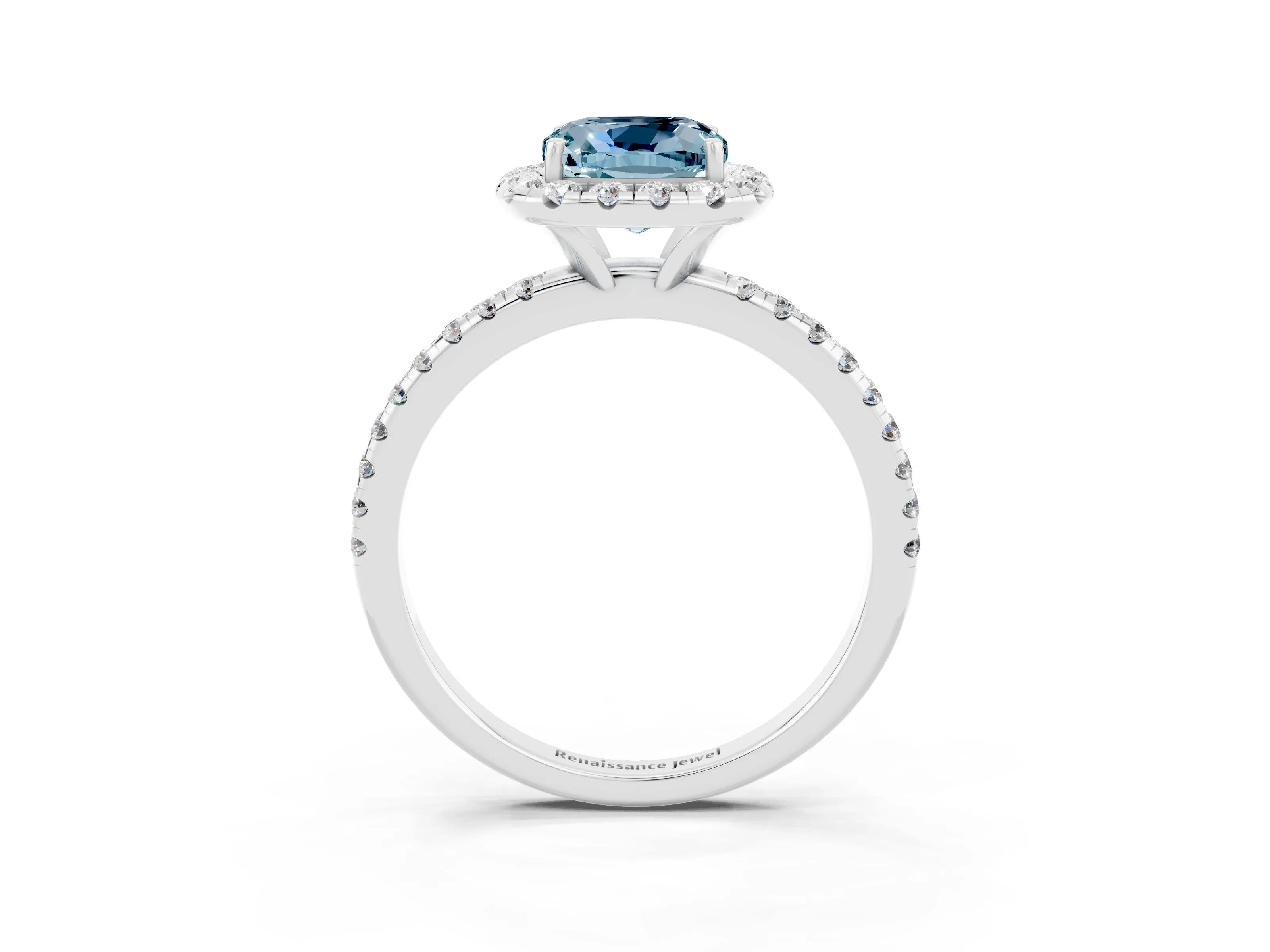 White gold Cushion Cut Halo Round Diamond Pavé Band Four-Prong Ring_15