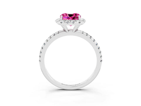 White gold Cushion Cut Halo Round Diamond Pavé Band Four-Prong Ring_15