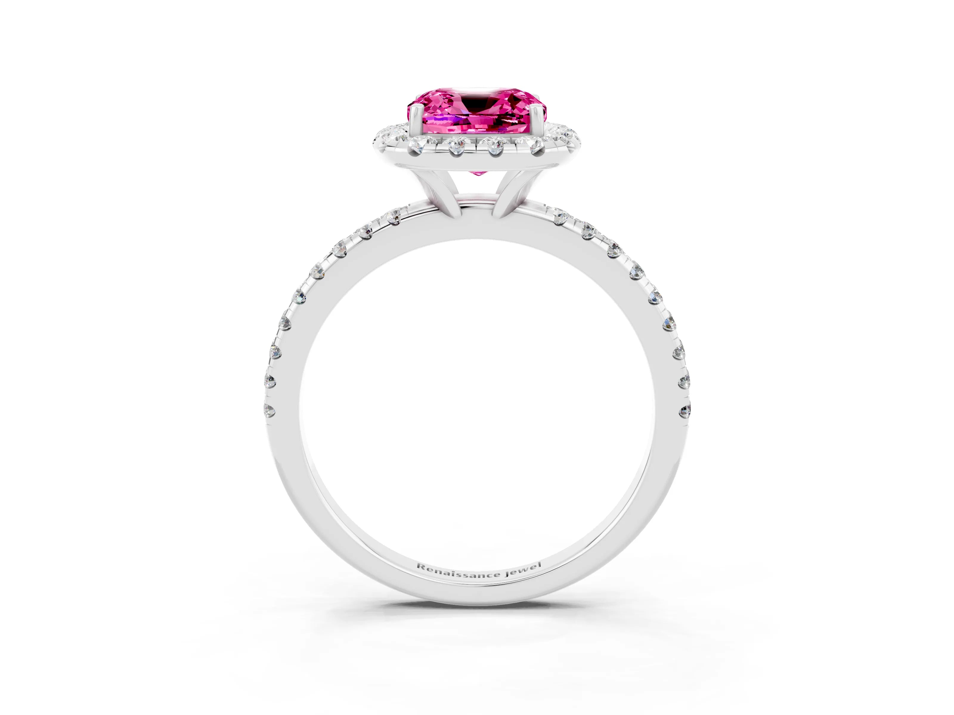 White gold Cushion Cut Halo Round Diamond Pavé Band Four-Prong Ring_15