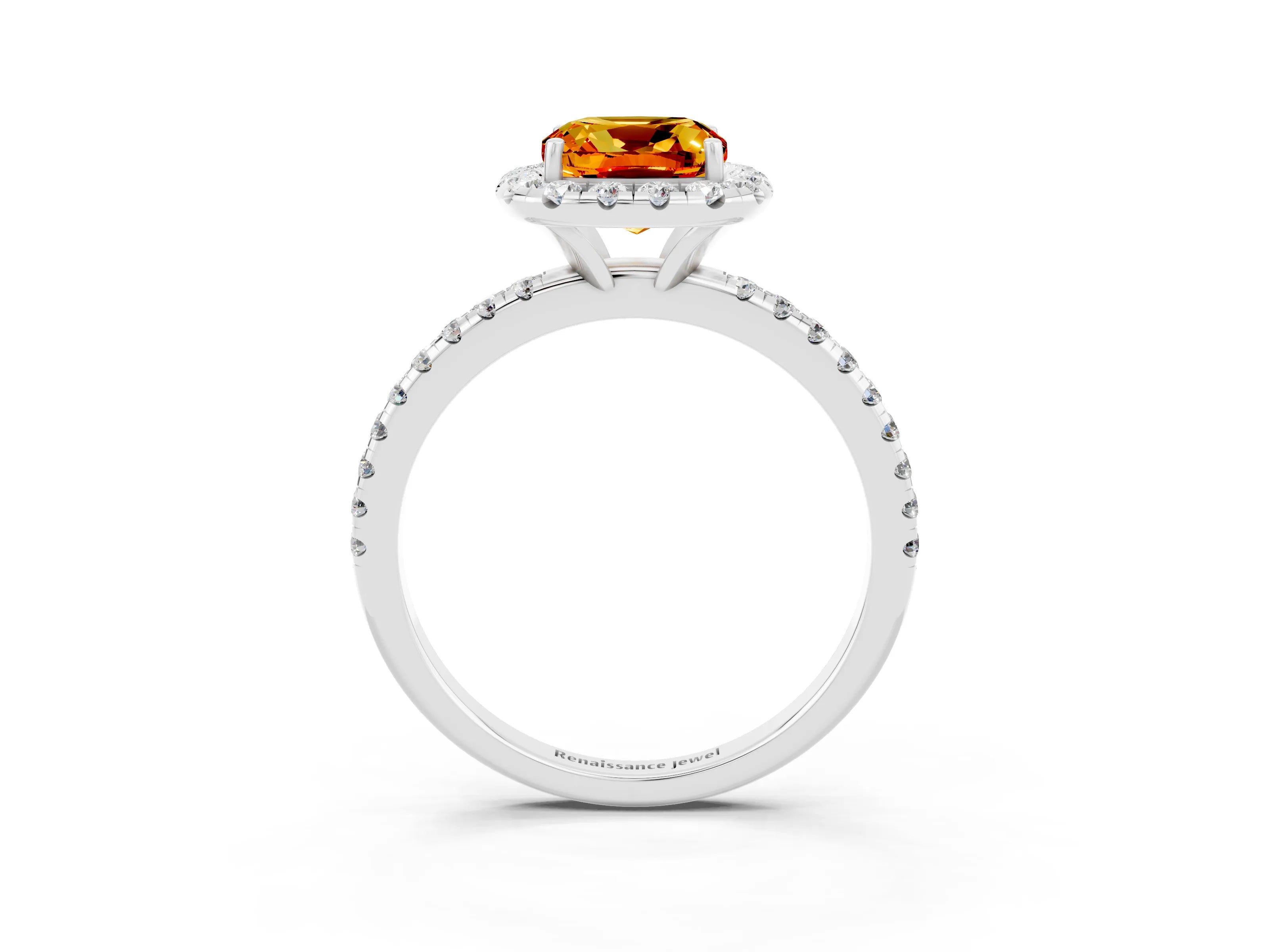 White gold Cushion Cut Halo Round Diamond Pavé Band Four-Prong Ring_15