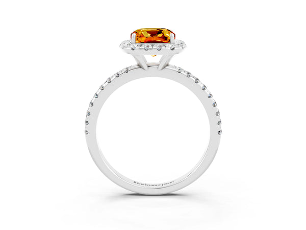 Platinum Cushion Cut Citrine Halo Ring with Round Pavé Band and Prong Setting
