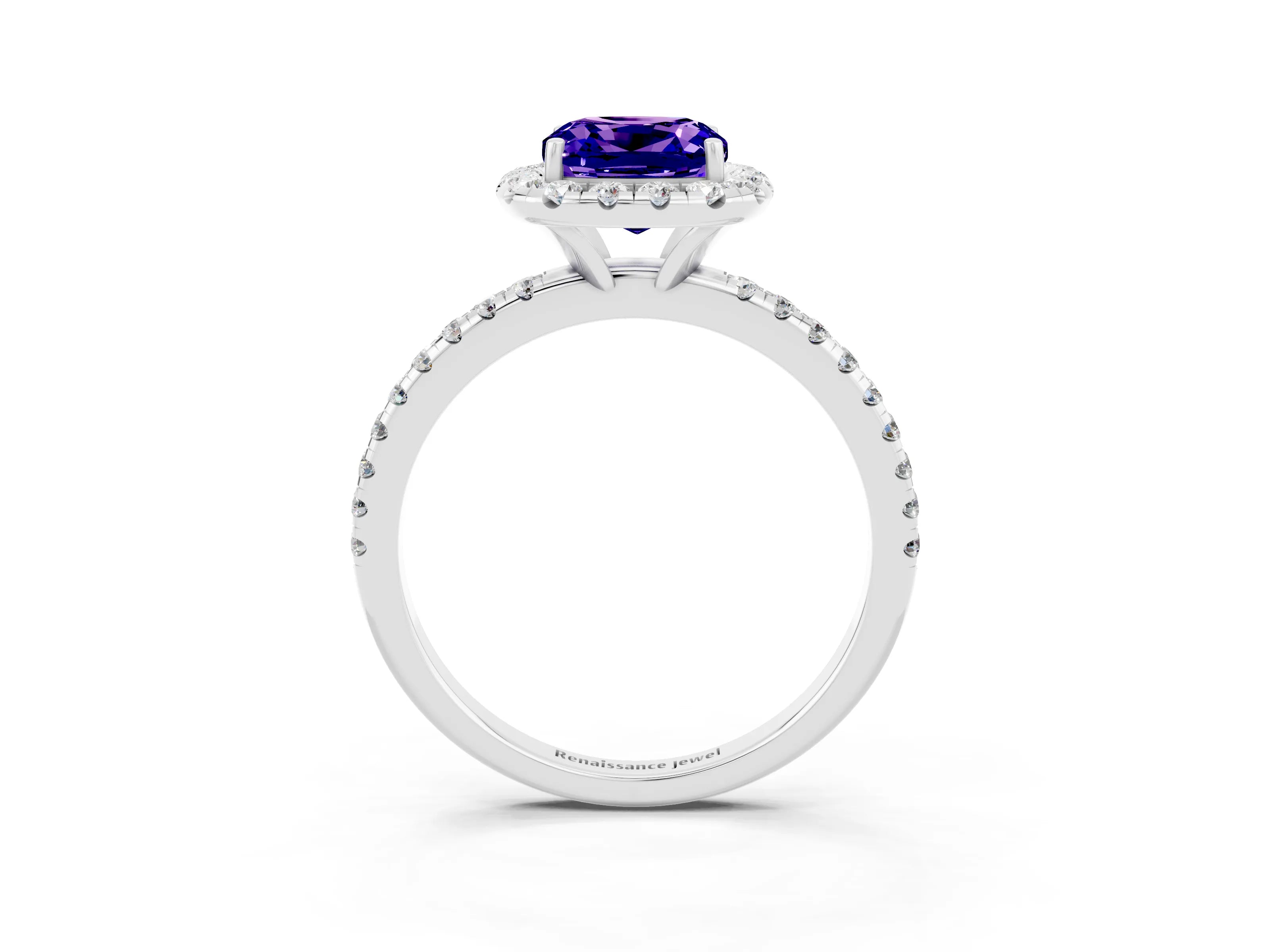White gold Cushion Cut Halo Round Diamond Pavé Band Four-Prong Ring_15