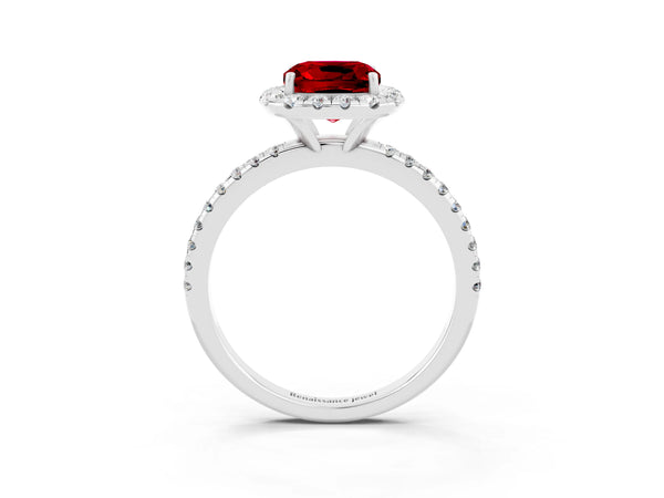 White gold Cushion Cut Halo Round Diamond Pavé Band Four-Prong Ring