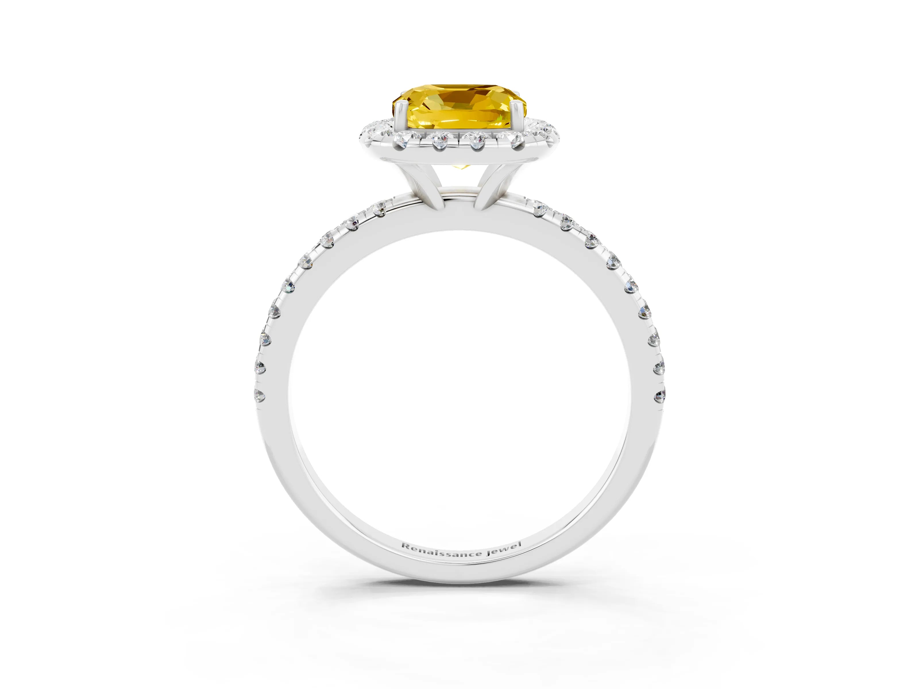 White gold Cushion Cut Halo Round Diamond Pavé Band Four-Prong Ring_15