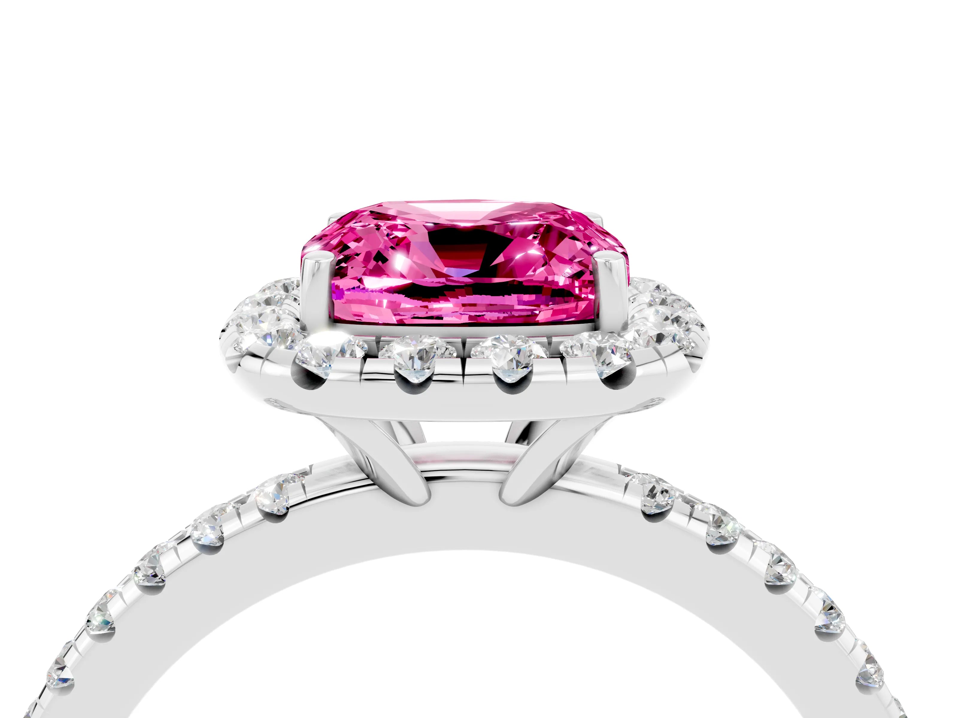 White gold Cushion Cut Halo Round Diamond Pavé Band Four-Prong Ring_16