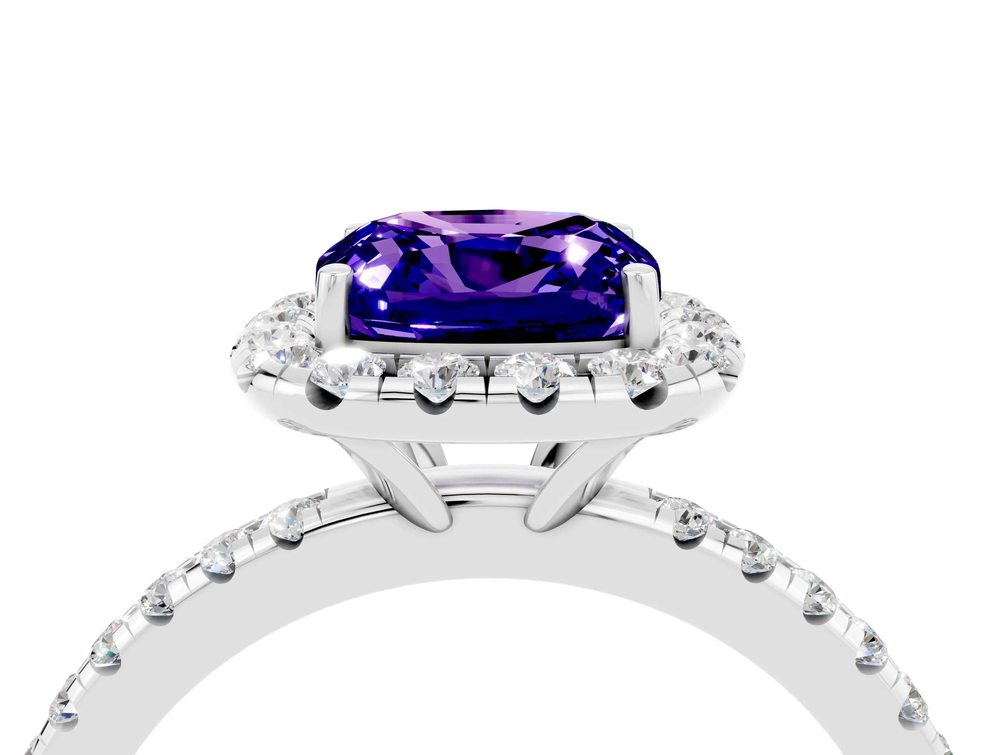 White gold Cushion Cut Halo Round Diamond Pavé Band Four-Prong Ring_16