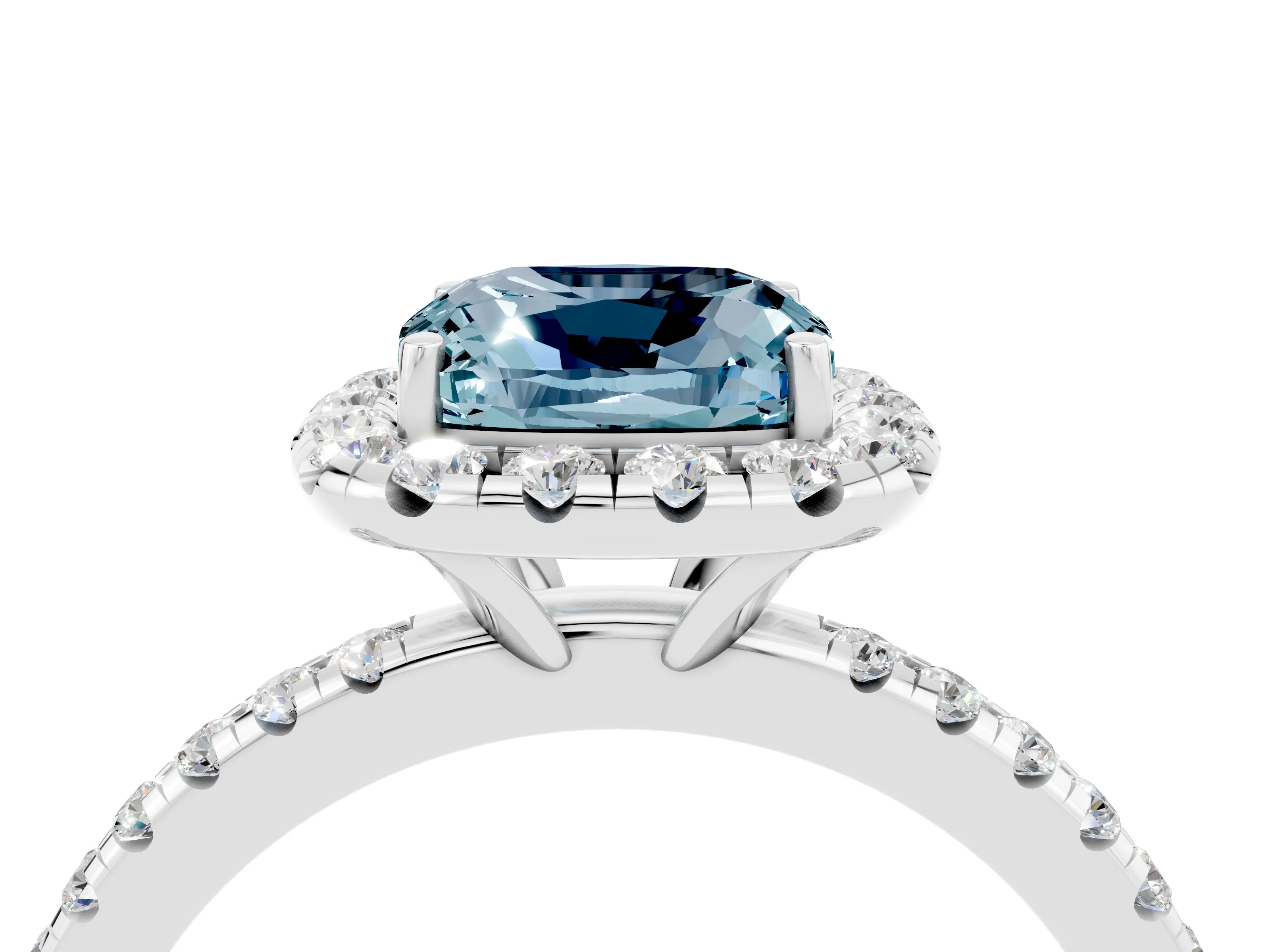 White gold Cushion Cut Halo Round Diamond Pavé Band Four-Prong Ring_16