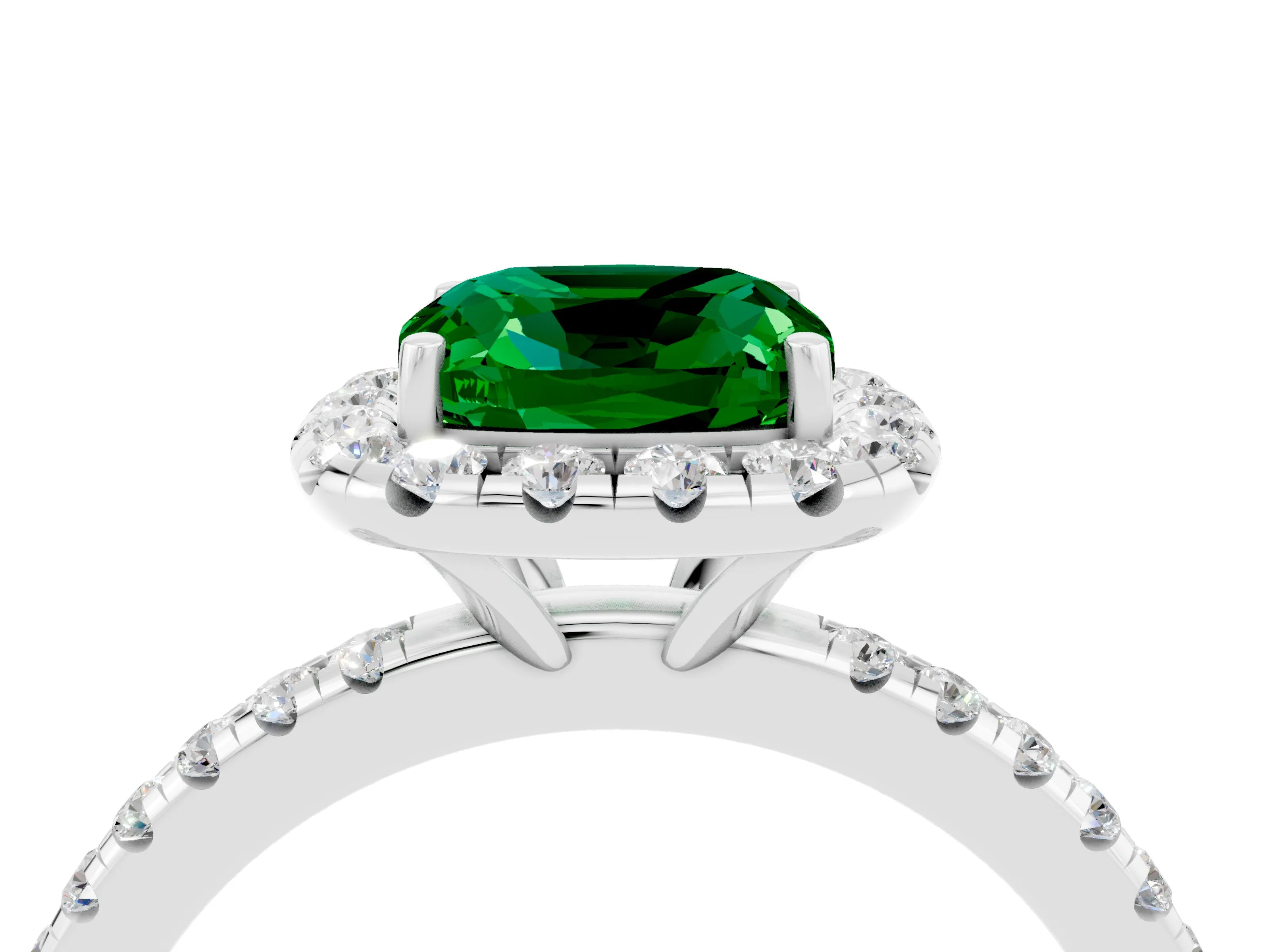 White gold Cushion Cut Halo Round Diamond Pavé Band Four-Prong Ring_16