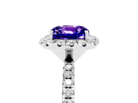White gold Cushion Cut Halo Round Diamond Pavé Band Four-Prong Ring_17