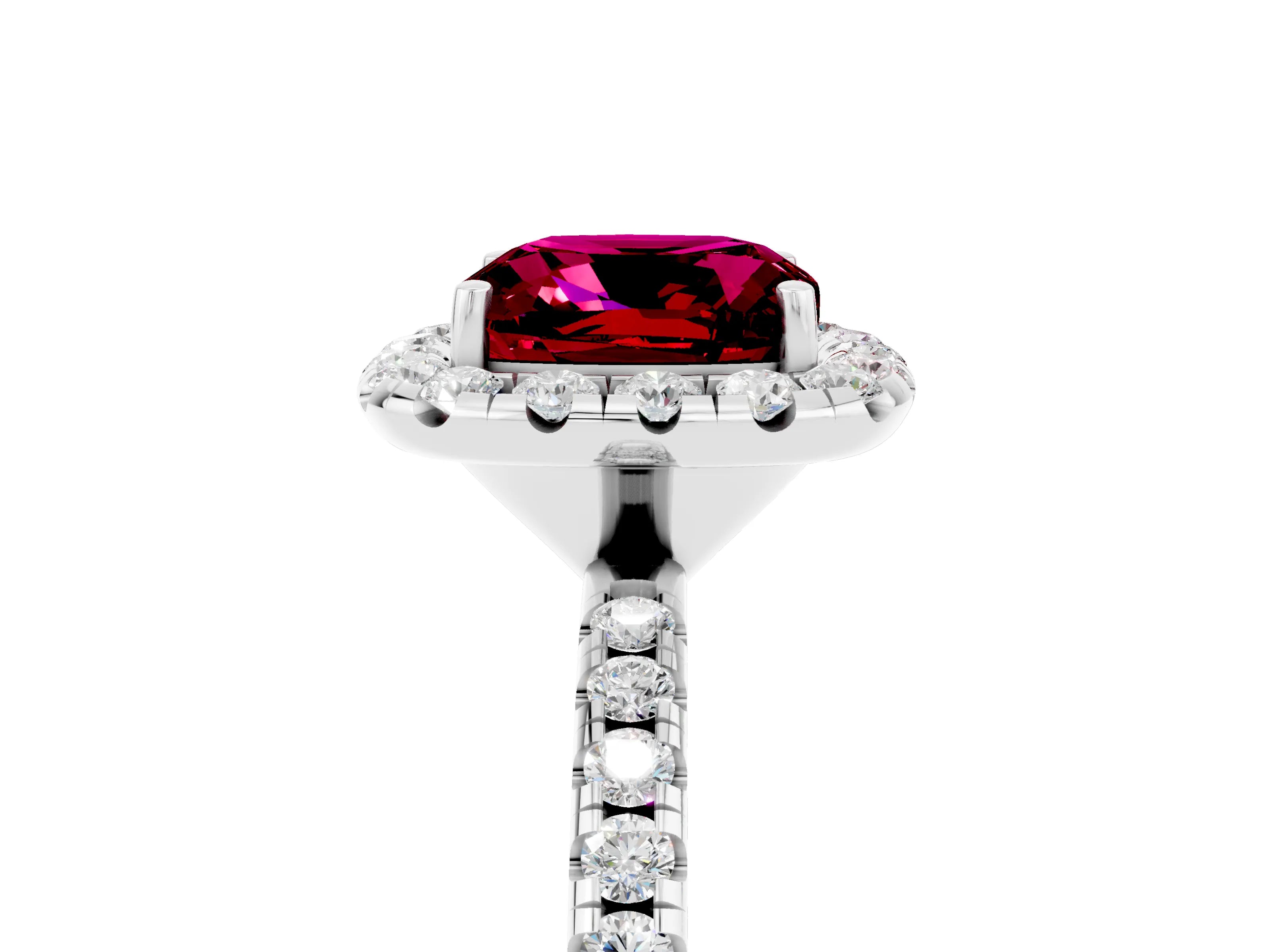 White gold Cushion Cut Halo Round Diamond Pavé Band Four-Prong Ring_17