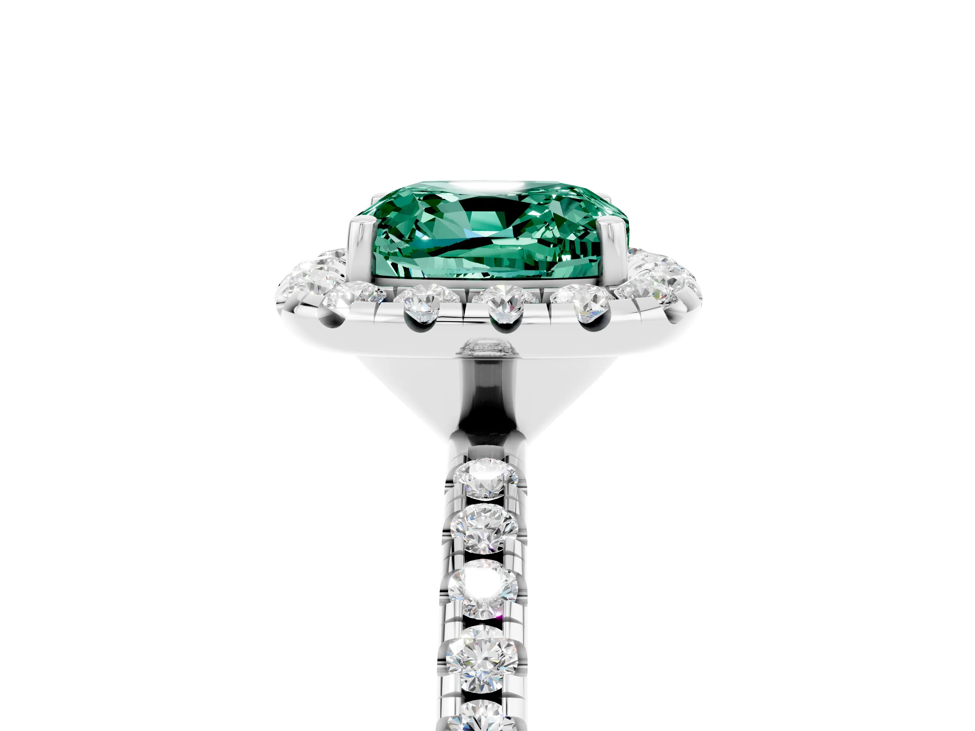 White gold Cushion Cut Halo Round Diamond Pavé Band Four-Prong Ring_17