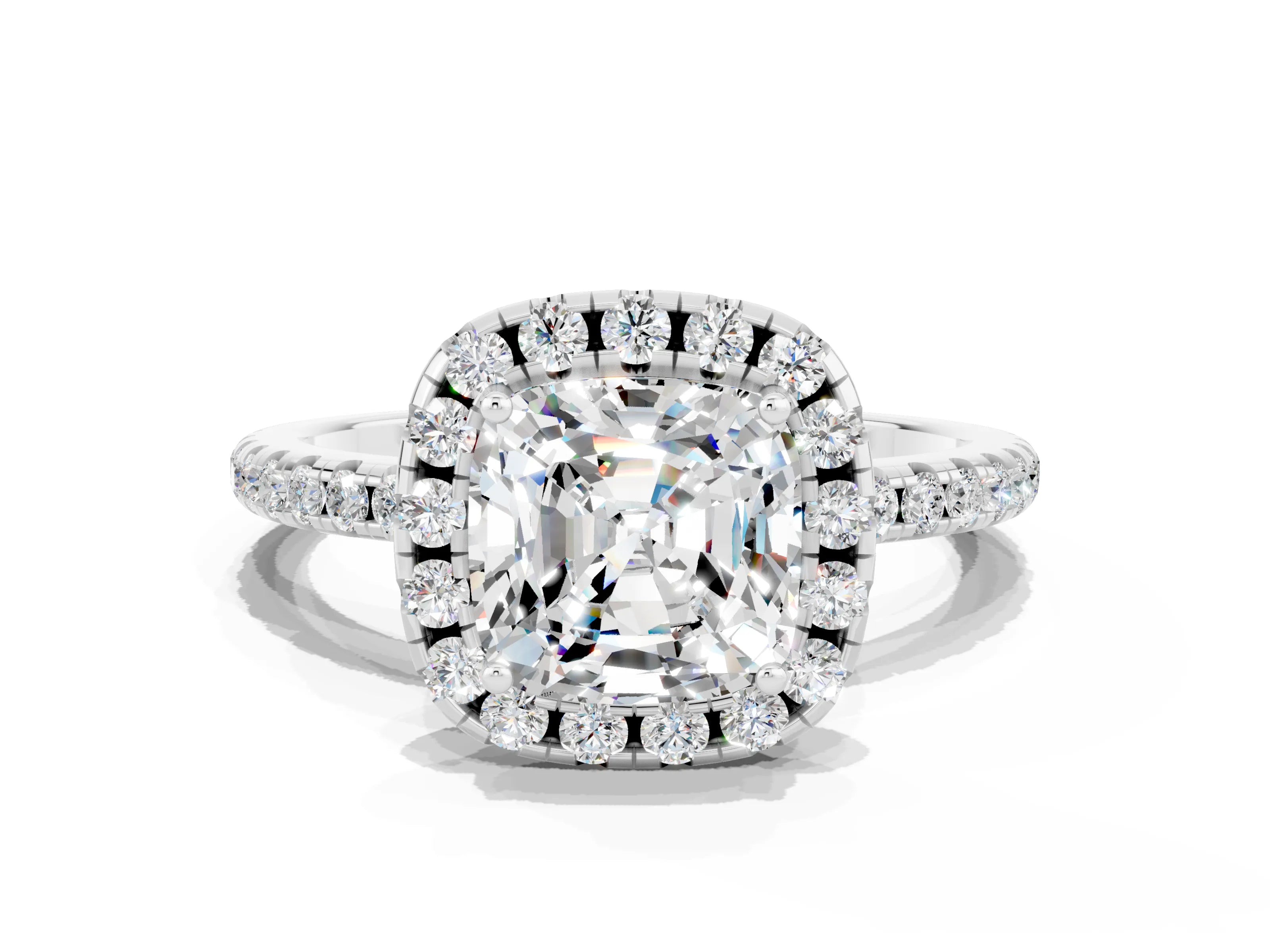 White gold Cushion Cut Halo Round Diamond Pavé Band Four-Prong Ring