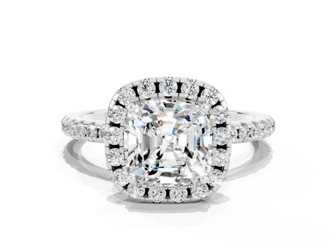 White gold Cushion Cut Halo Round Diamond Pavé Band Four-Prong Ring