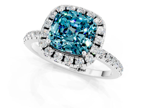 White gold Cushion Cut Halo Round Diamond Pavé Band Four-Prong Ring_1