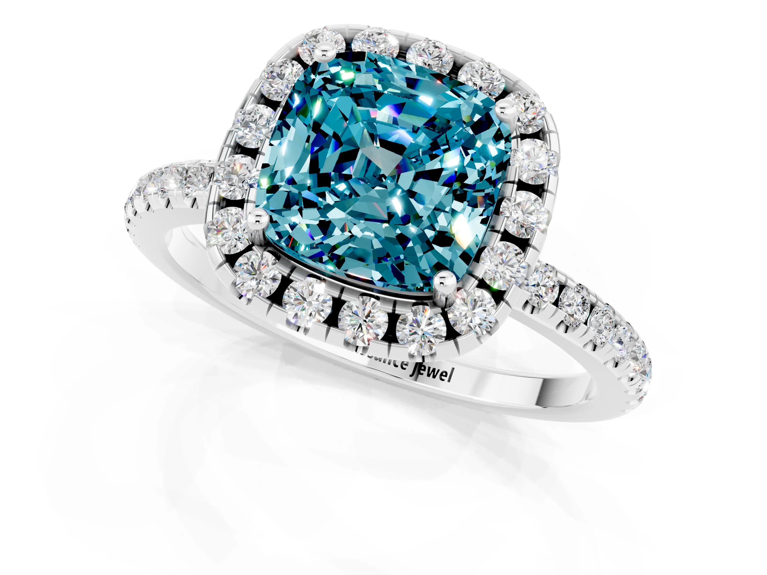 White gold Cushion Cut Halo Round Diamond Pavé Band Four-Prong Ring_1