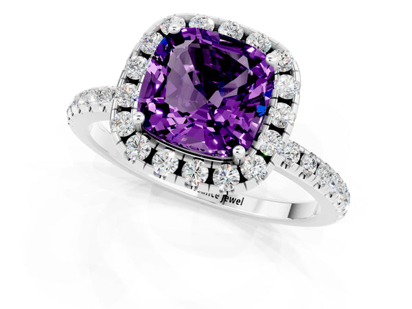 Silver Cushion Cut Amethyst Halo Ring with Round Pavé Band and Prong Setting