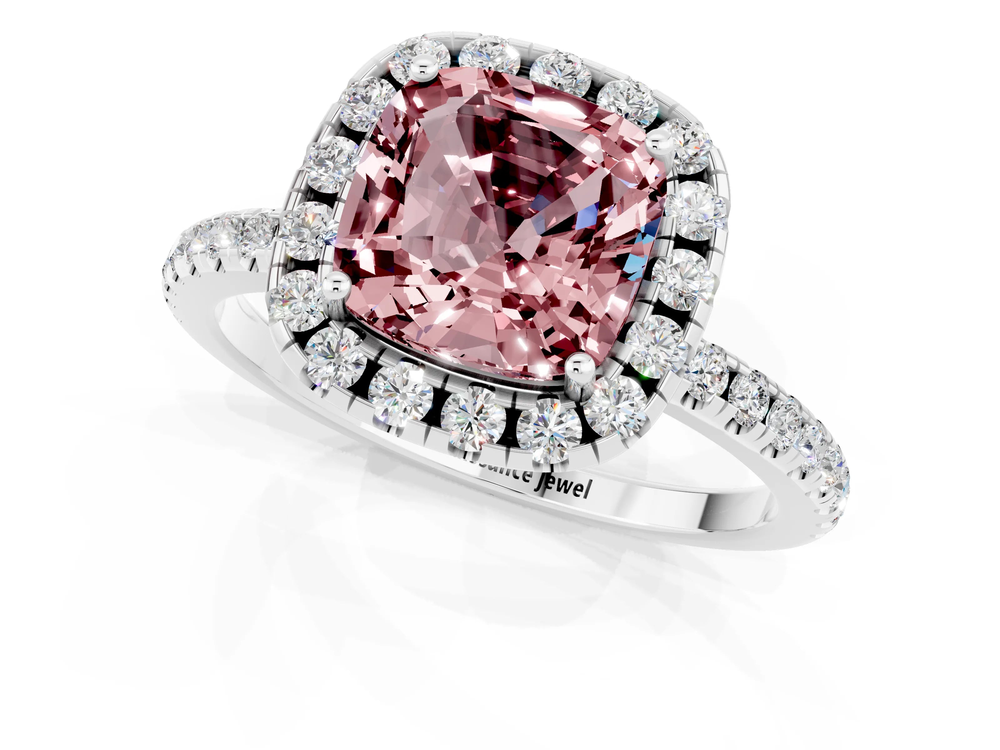 White gold Cushion Cut Halo Round Diamond Pavé Band Four-Prong Ring_1