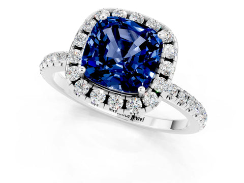 White gold Cushion Cut Halo Round Diamond Pavé Band Four-Prong Ring_1