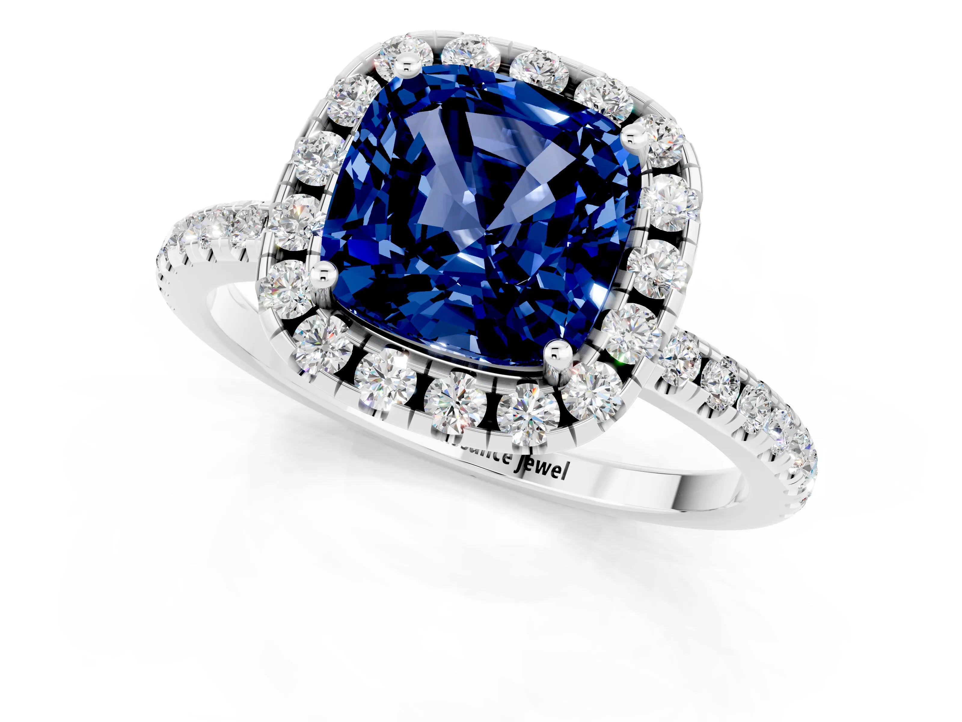 White gold Cushion Cut Halo Round Diamond Pavé Band Four-Prong Ring_1