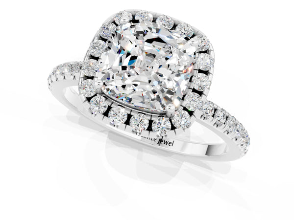 Silver Cushion Cut Moissanite Halo Ring with Round Pavé Band and Prong Setting