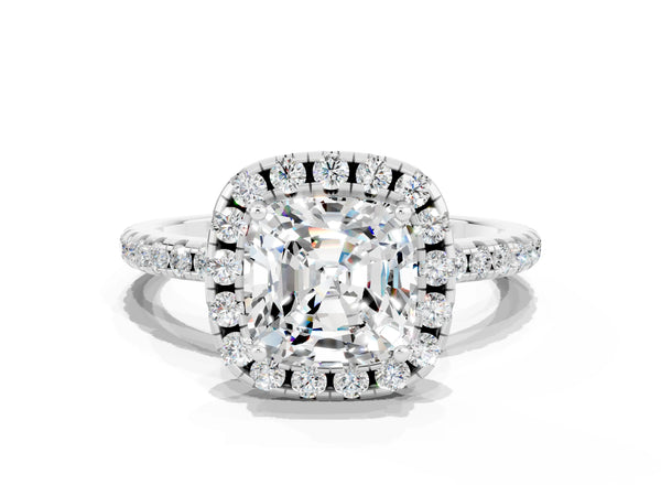 White gold Cushion Cut Moissanite Halo Ring with Round Pavé Band and Prong Setting