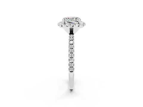 White gold Cushion Cut Halo Round Diamond Pavé Band Four-Prong Ring_2