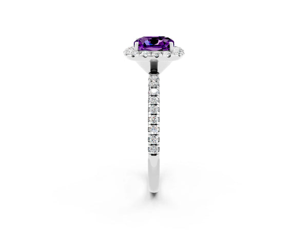 White gold Cushion Cut Amethyst Halo Ring with Round Pavé Band and Prong Setting