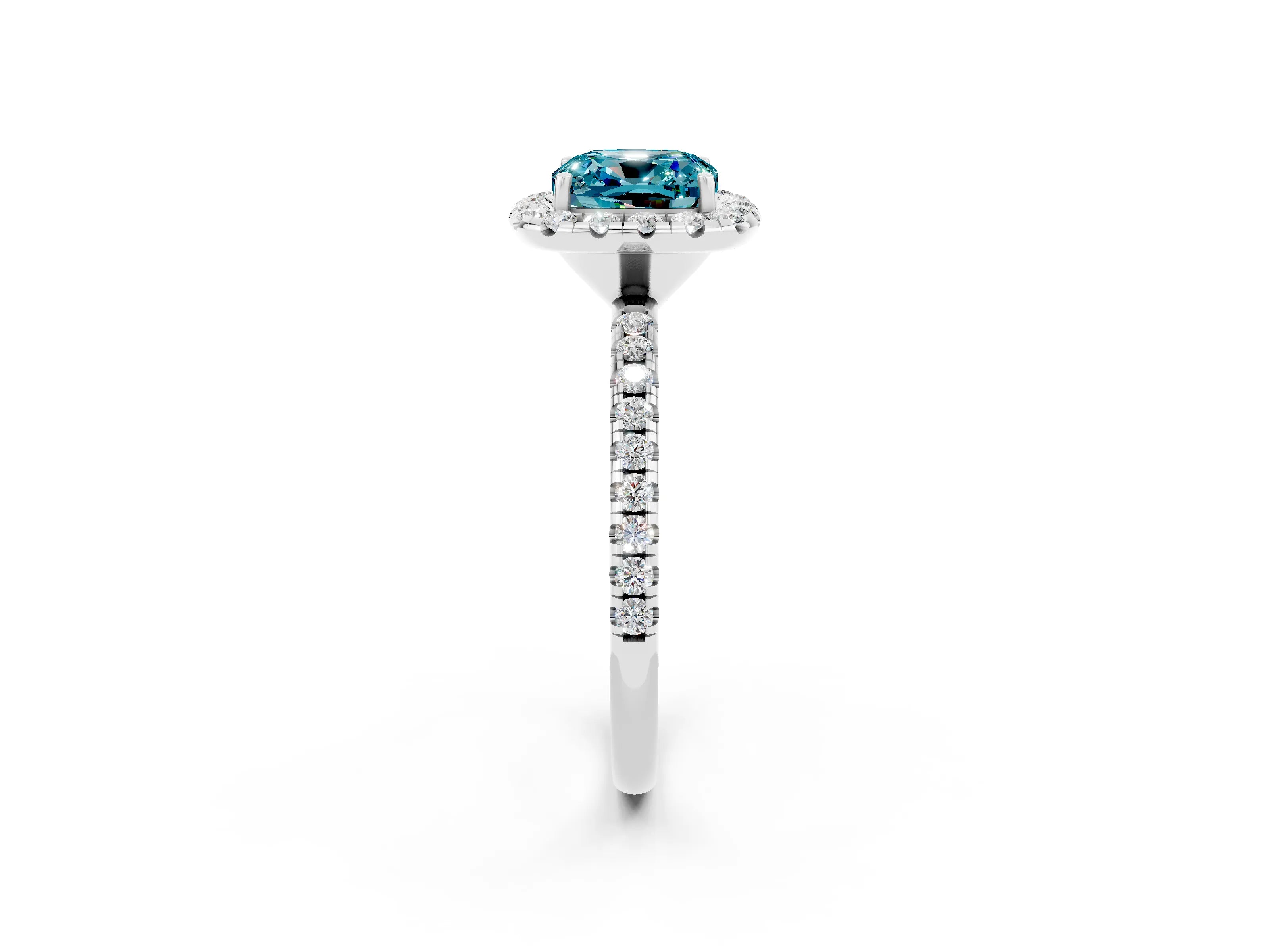 White gold Cushion Cut Halo Round Diamond Pavé Band Four-Prong Ring_2