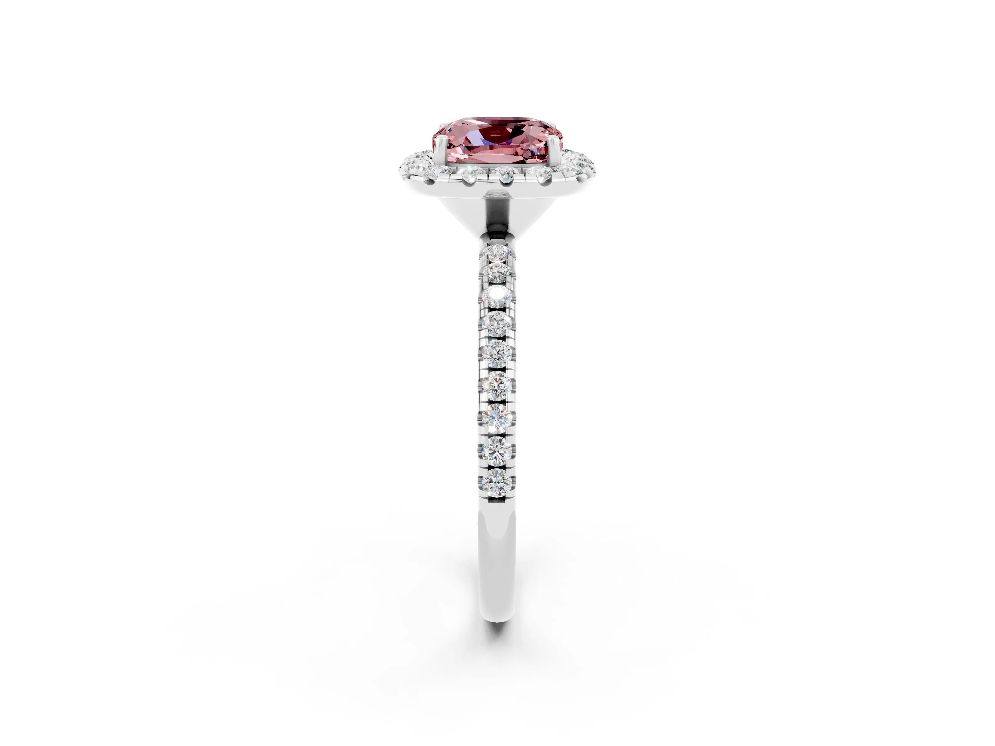 White gold Cushion Cut Halo Round Diamond Pavé Band Four-Prong Ring_2