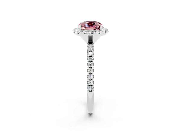 Platinum Cushion Cut Halo Round Diamond Pavé Band Four-Prong Ring